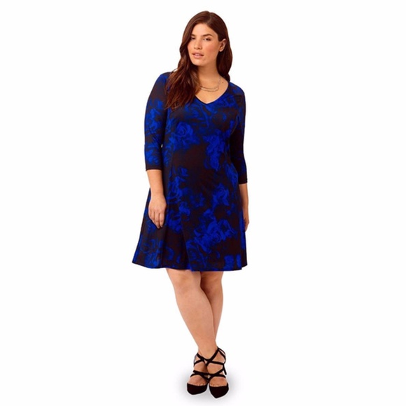 Isabel + Alice Fit Flare Blue Floral Black Dress L - Picture 1 of 8