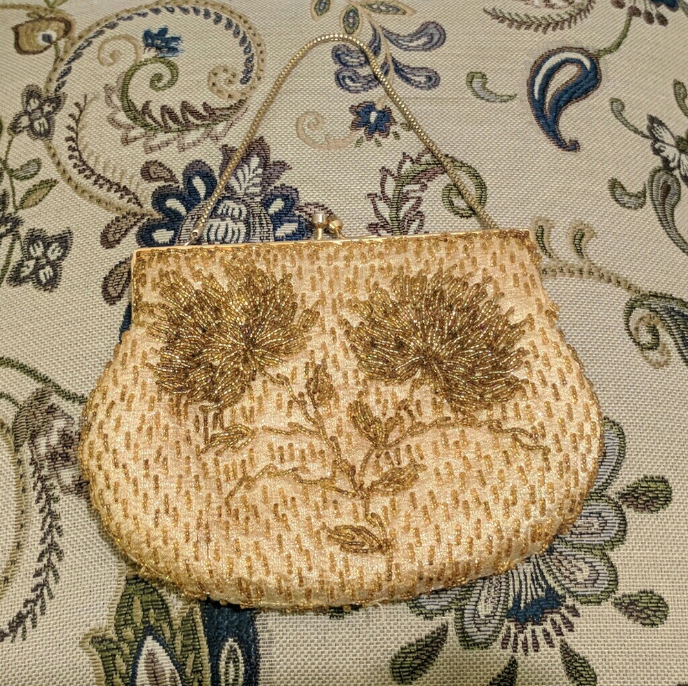 Vintage Gold Beaded Floral Evening Purse