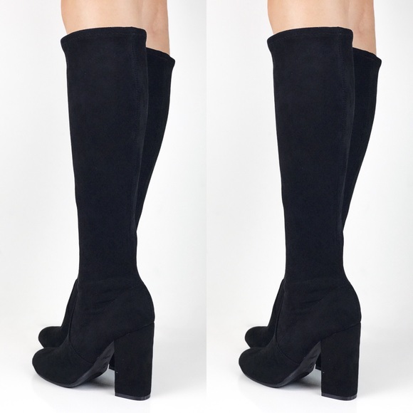 Knee High Black Suede Heel Boot - Picture 5 of 8