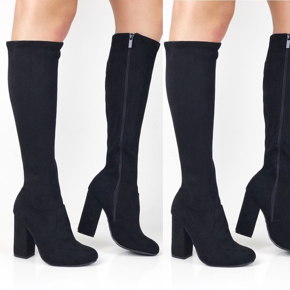 Knee High Black Suede Heel Boot - Picture 7 of 8