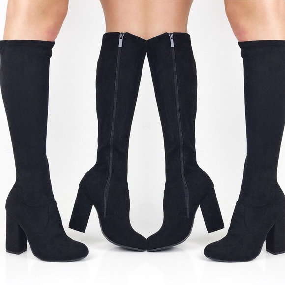 Knee High Black Suede Heel Boot - Picture 3 of 8