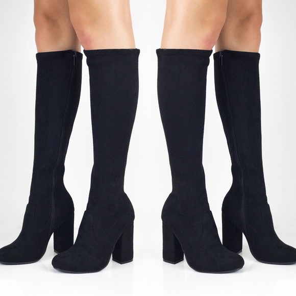 Knee High Black Suede Heel Boot - Picture 2 of 8