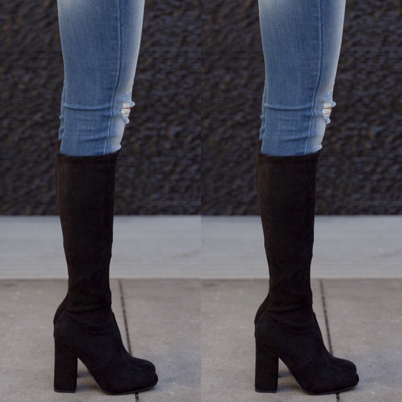 Knee High Black Suede Heel Boot - Picture 8 of 8