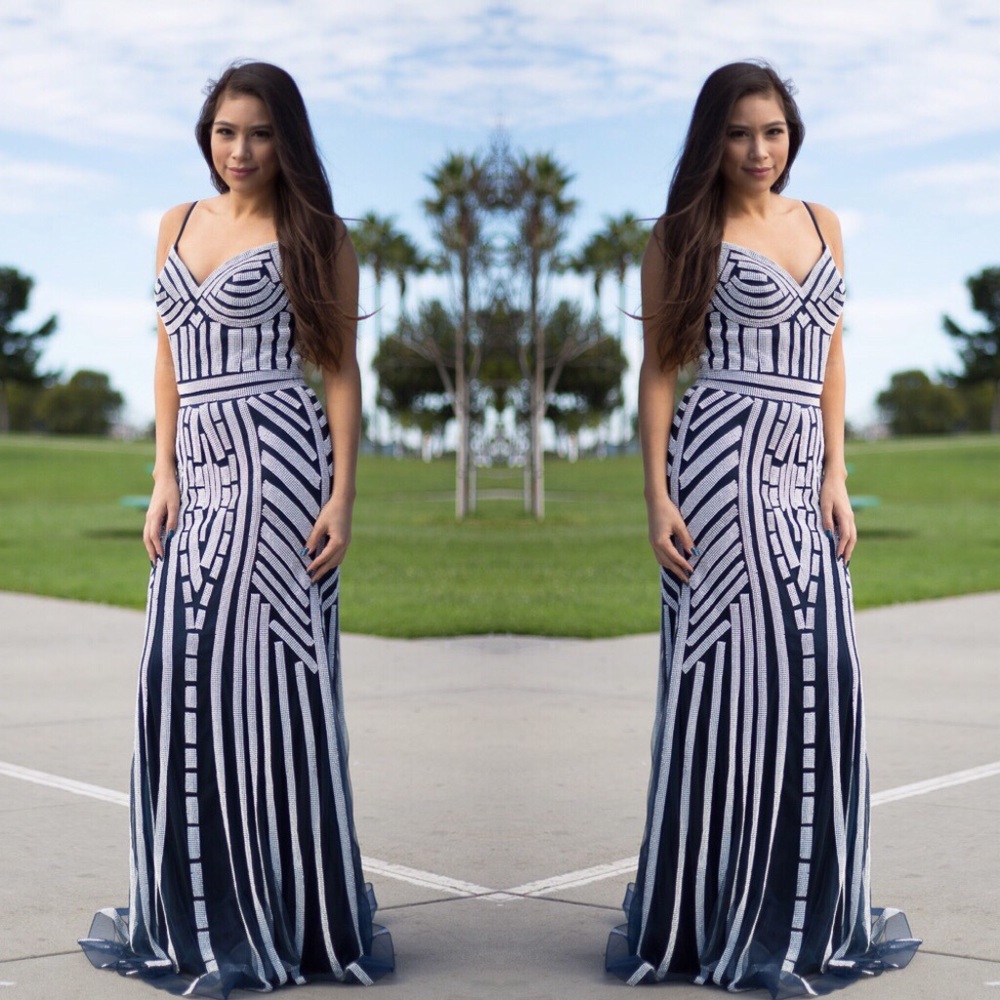 Navy Blue Rhinestone Formal Prom Pageant Dress - Picture 3 of 6