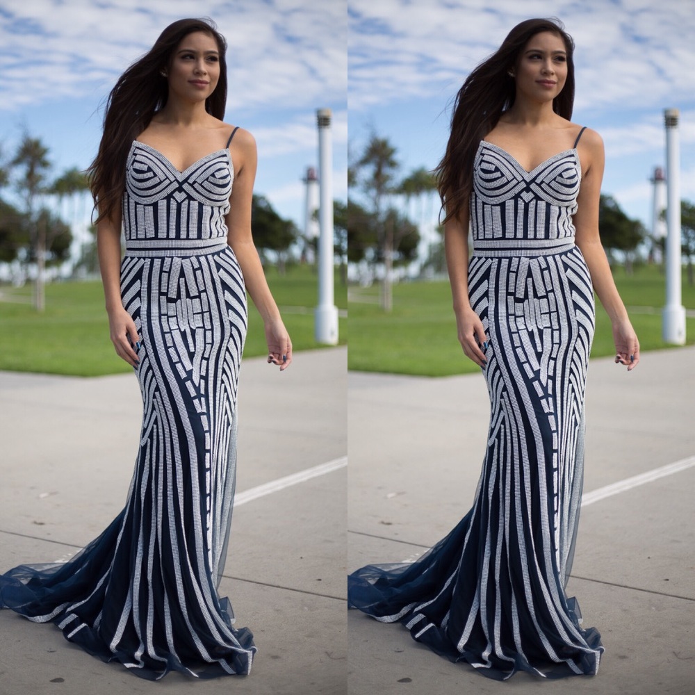 Navy Blue Rhinestone Formal Prom Pageant Dress - Picture 2 of 6