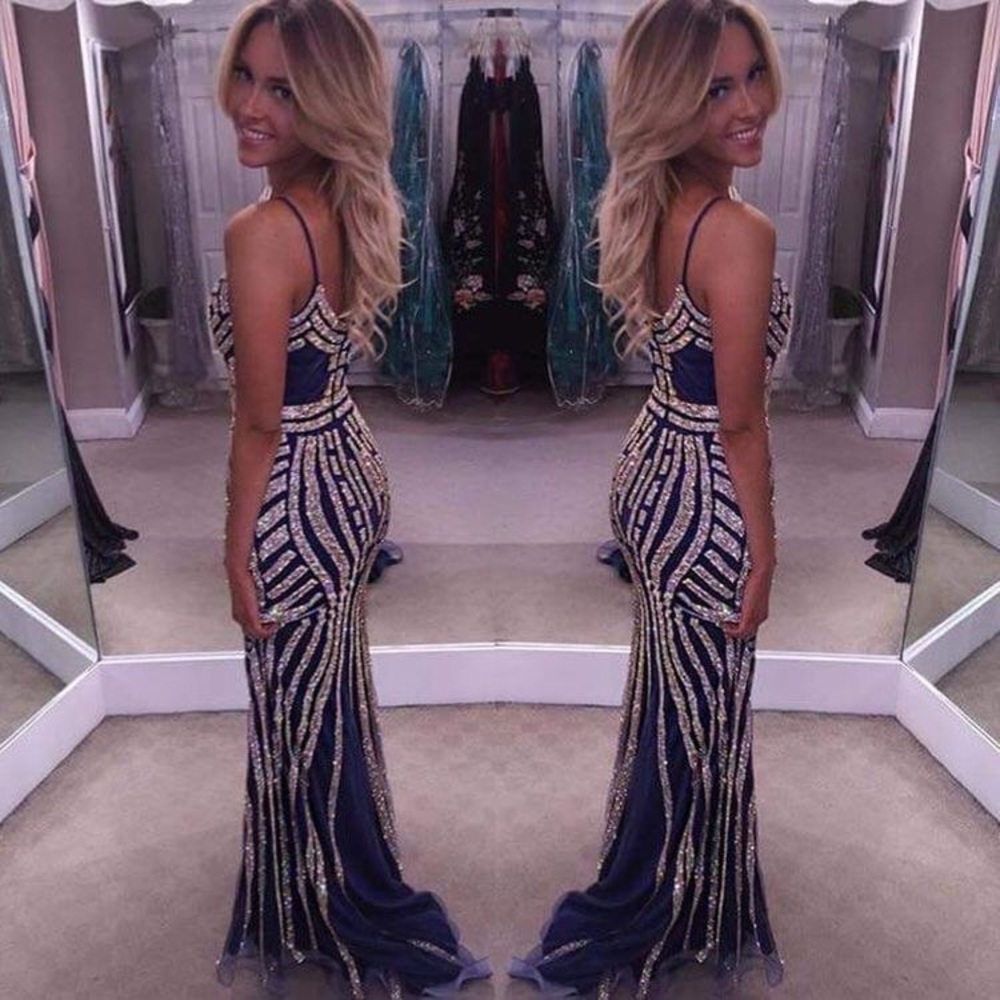 Navy Blue Rhinestone Formal Prom Pageant Dress - Picture 5 of 6