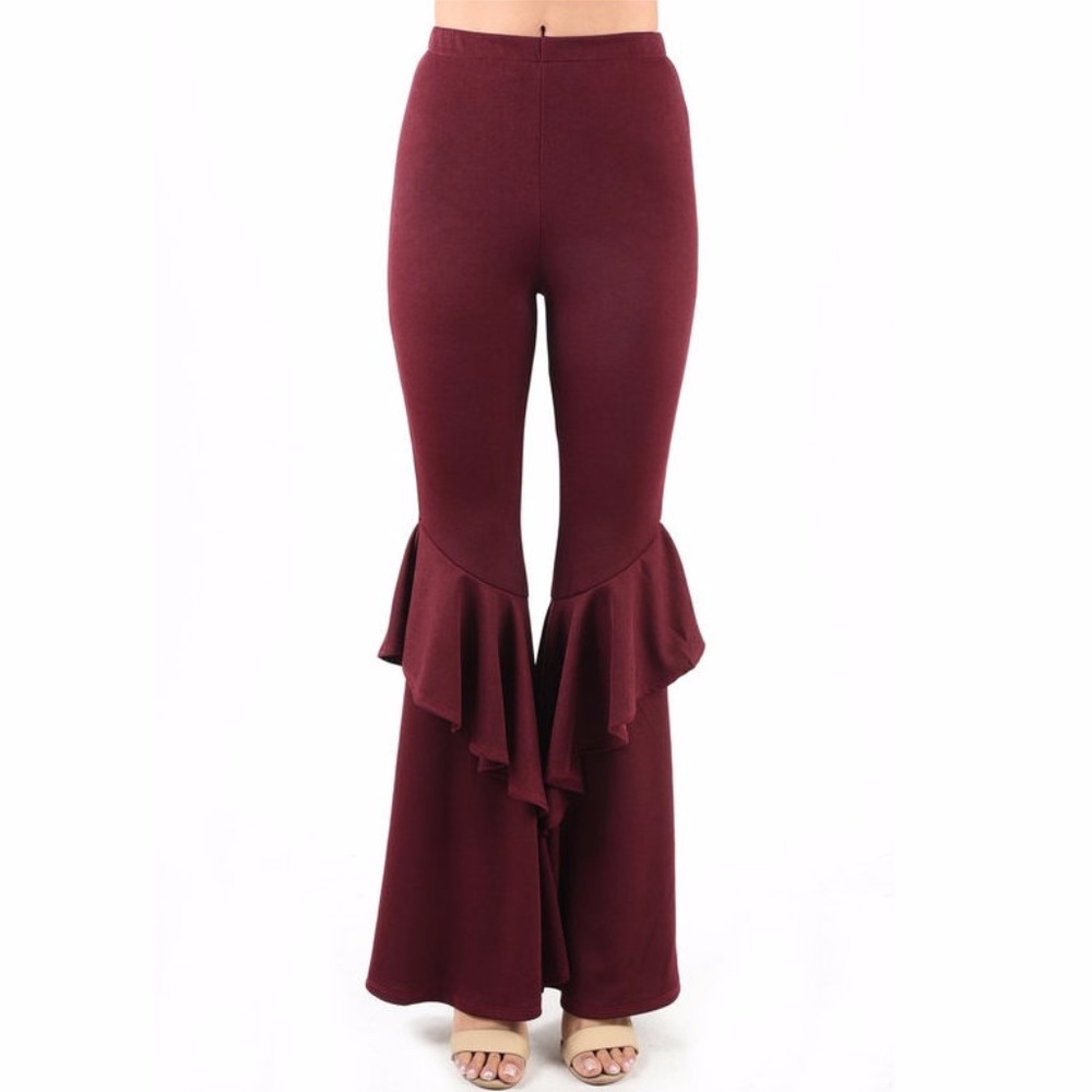 Plus Burgundy Ruffle Wide Bell Bottom Pants - Picture 2 of 5