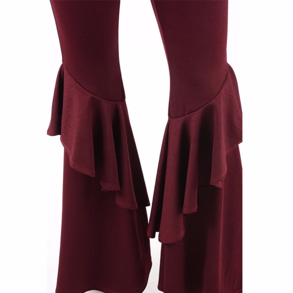 Plus Burgundy Ruffle Wide Bell Bottom Pants - Picture 5 of 5