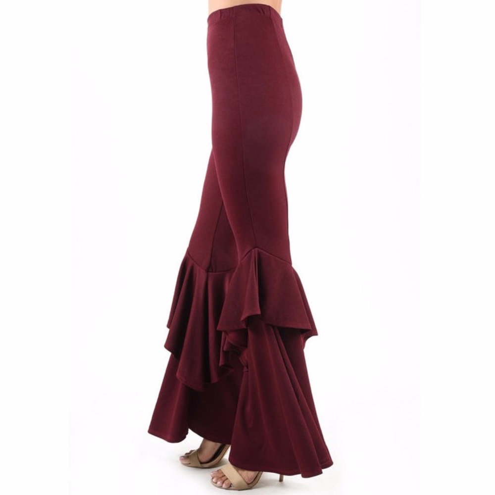 Plus Burgundy Ruffle Wide Bell Bottom Pants - Picture 3 of 5