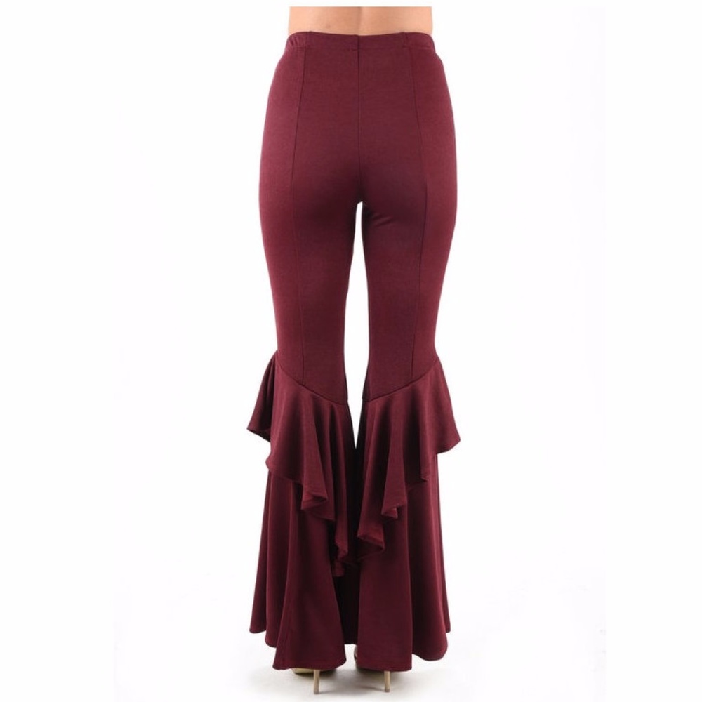Plus Burgundy Ruffle Wide Bell Bottom Pants - Picture 4 of 5