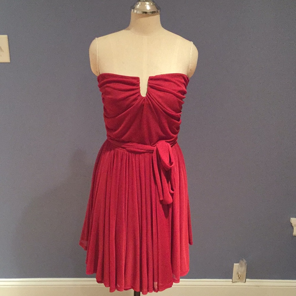H&M Strapless Mini Dress Rust Orange/Red Color Tie Waist Size 6