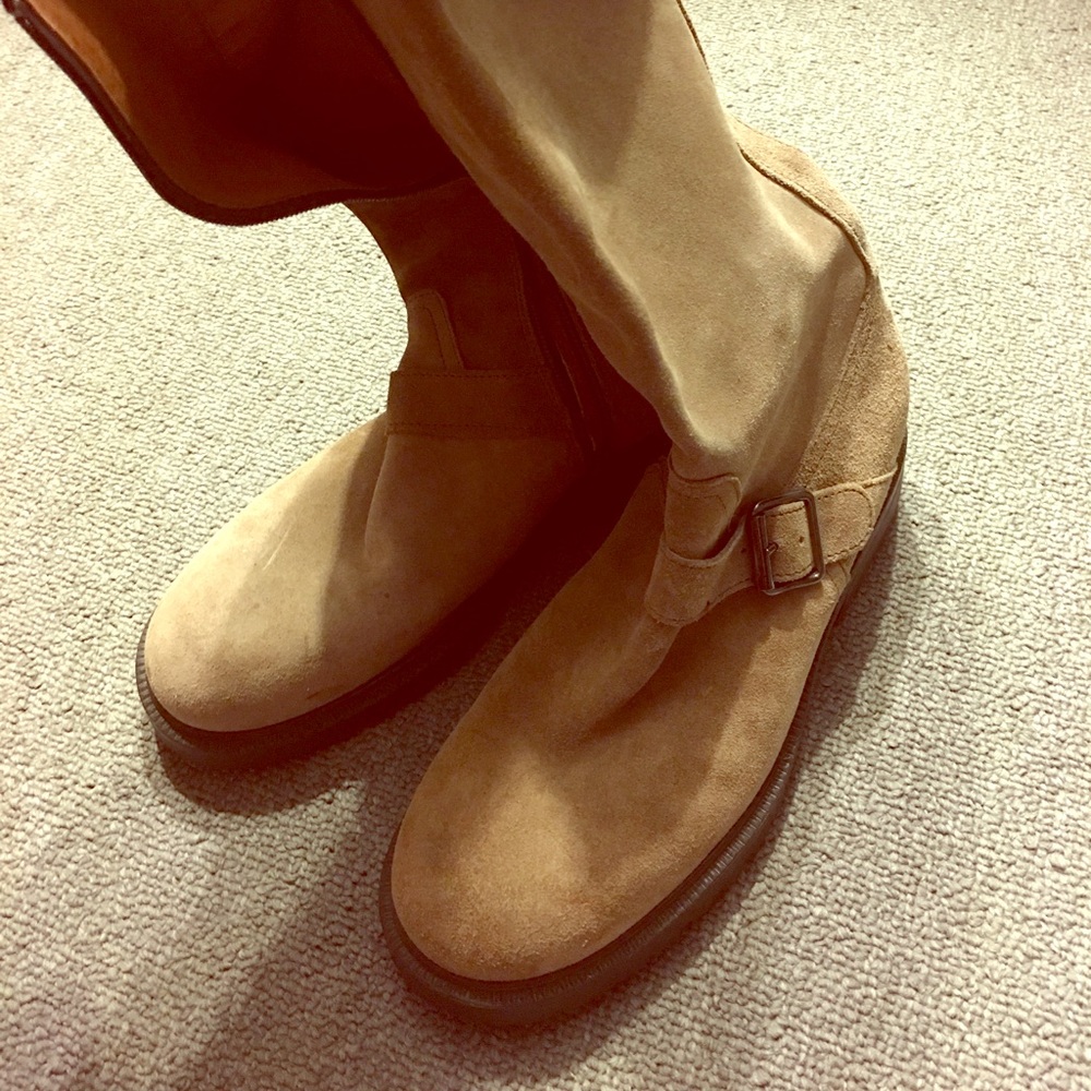 Suede and leather knee high tab boots