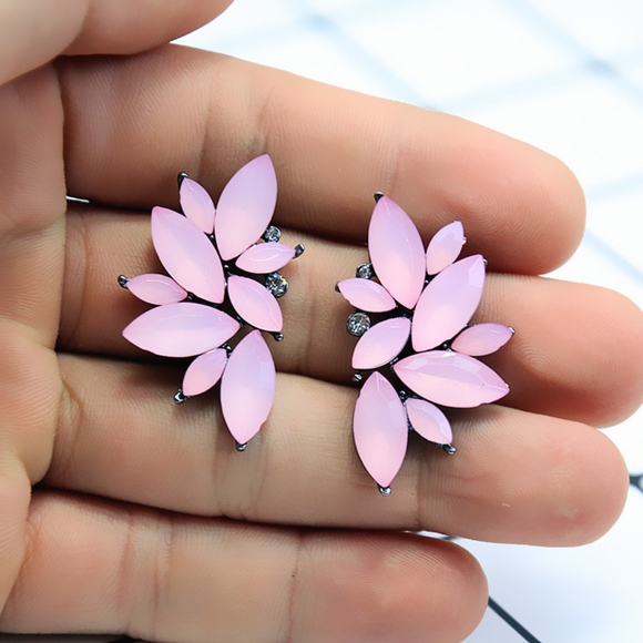 Light Pink Crystal Floral Statement Earrings - Picture 2 of 5