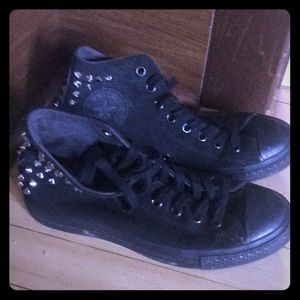Black leather spiked high top converse