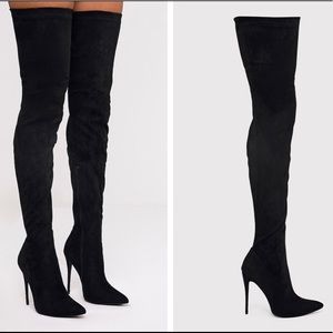 Black Faux Suede Extreme Thigh High Heeled Boots