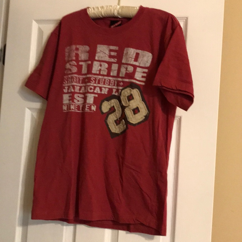 Men’s Large Red T Shirt Red Stripe Short & Stubby