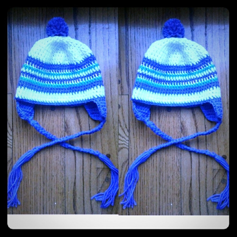 Purple/Blue/White Crocheted Beanie w/ Braided Ties