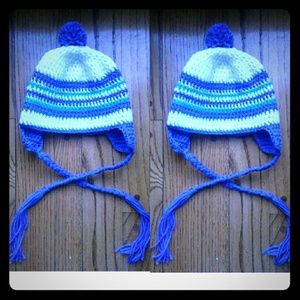 Purple/Blue/White Crocheted Beanie w/ Braided Ties