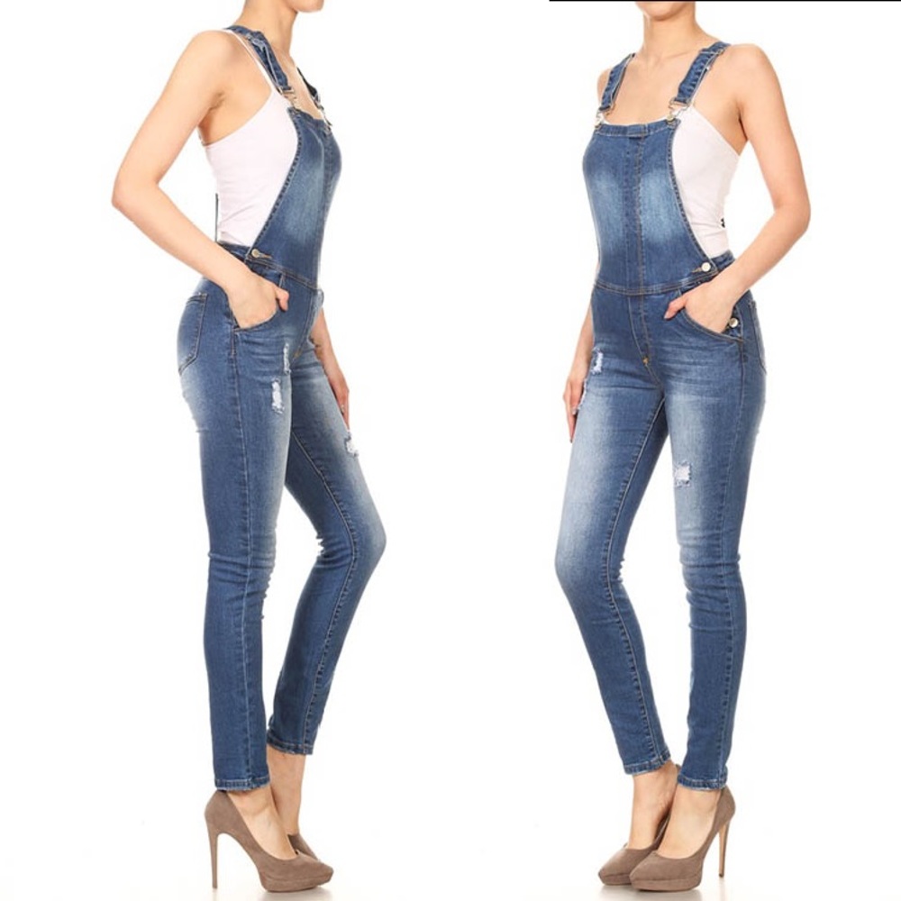 "Lu" Denim Skinny Overall Multi Pockets - Picture 2 of 5