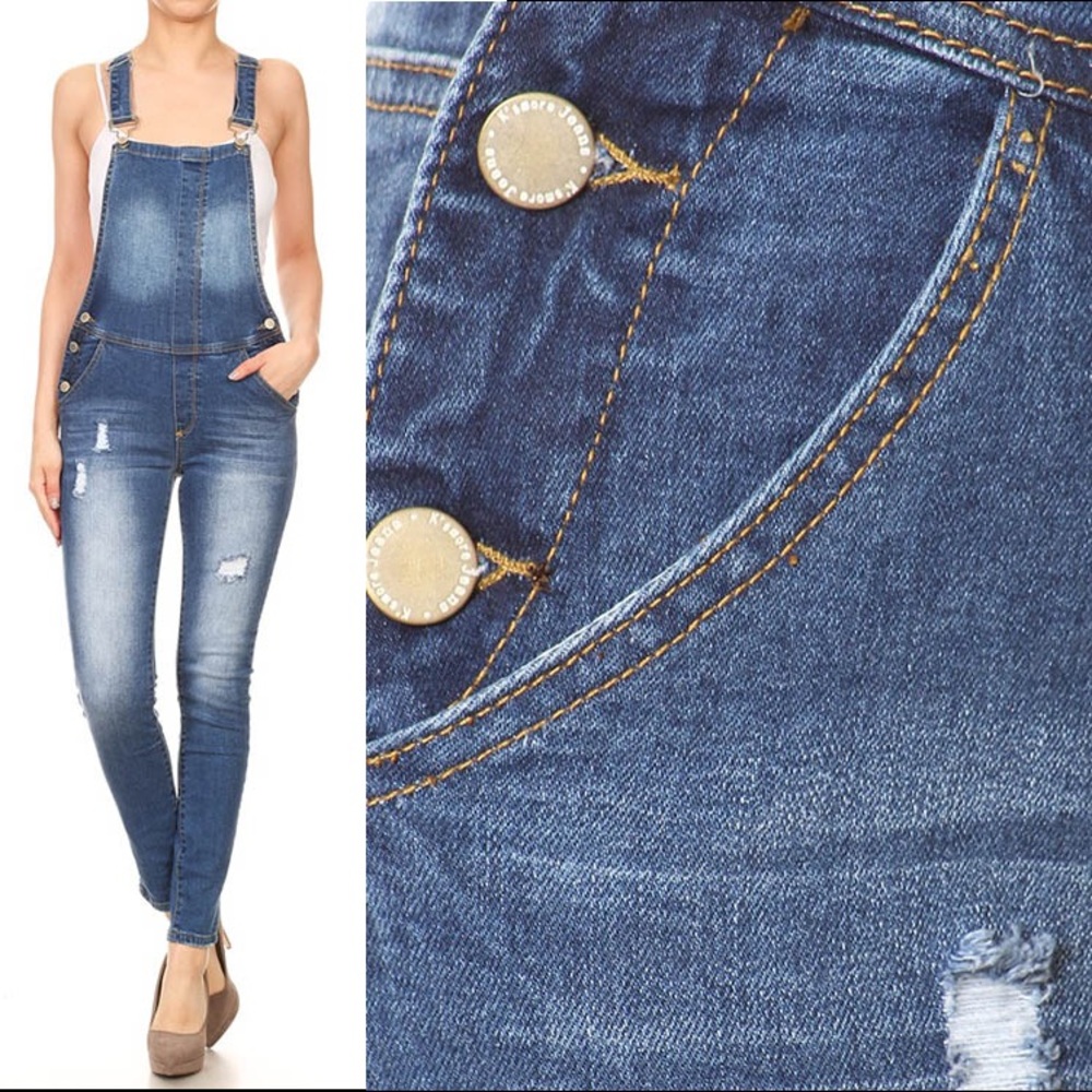 "Lu" Denim Skinny Overall Multi Pockets - Picture 3 of 5