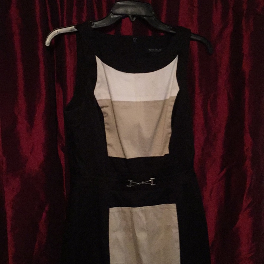 Tan, white and black block sleeveless dress