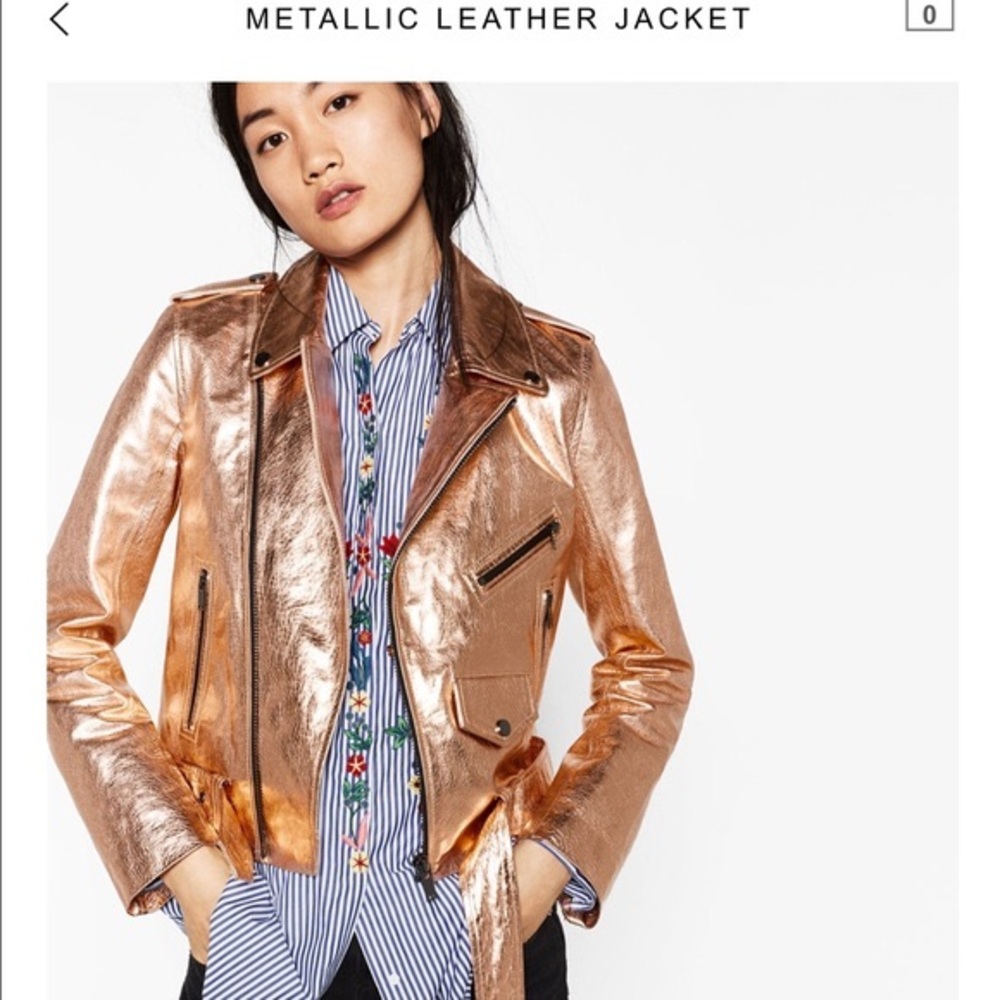 Zara Gold Metallic Leather Moto Jacket, Medium