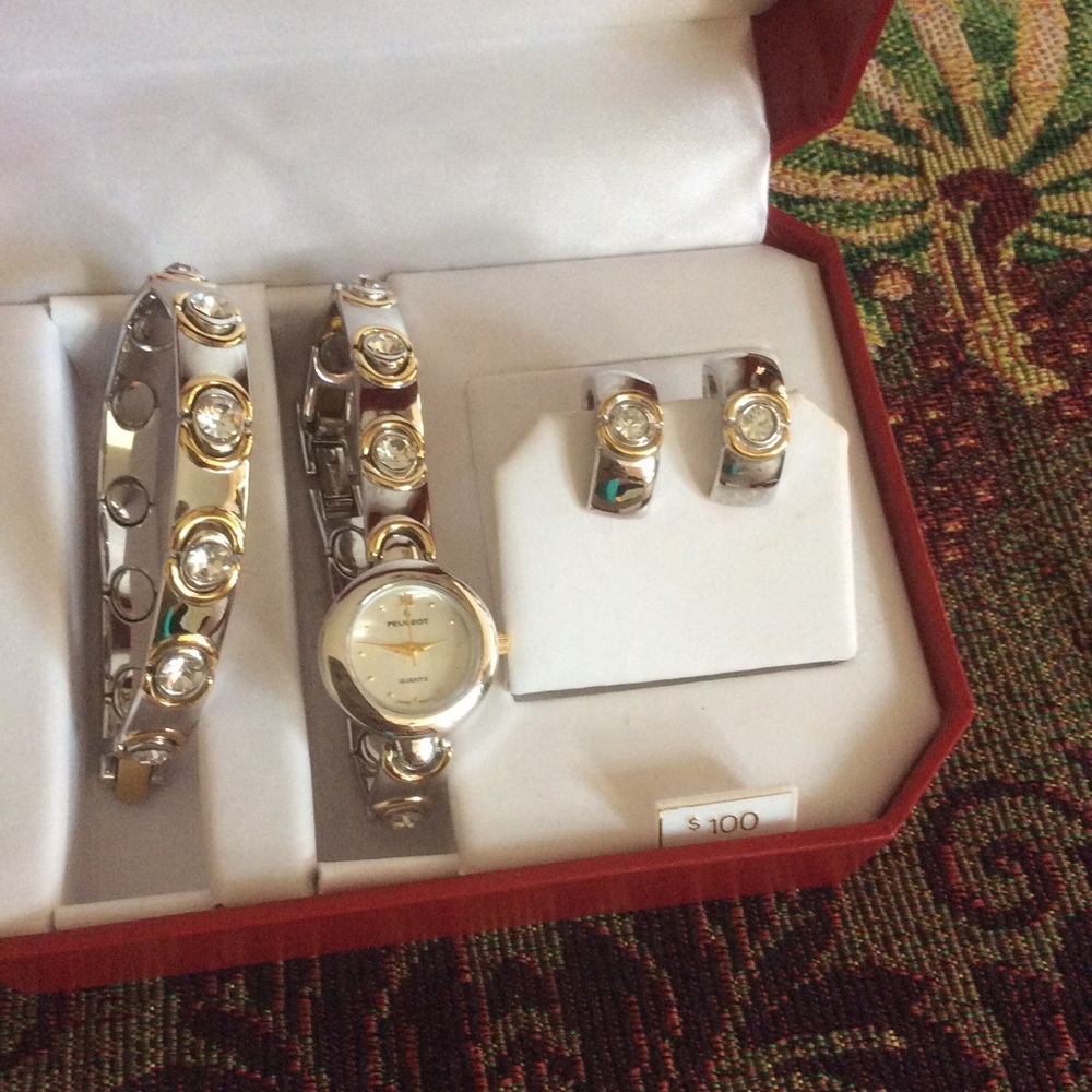 Peugeot Two tone crystal watch set.