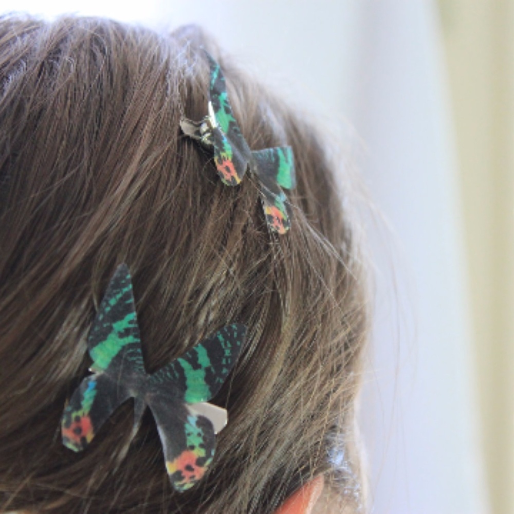 Green Red Black Silk Butterfly Hair Clips
