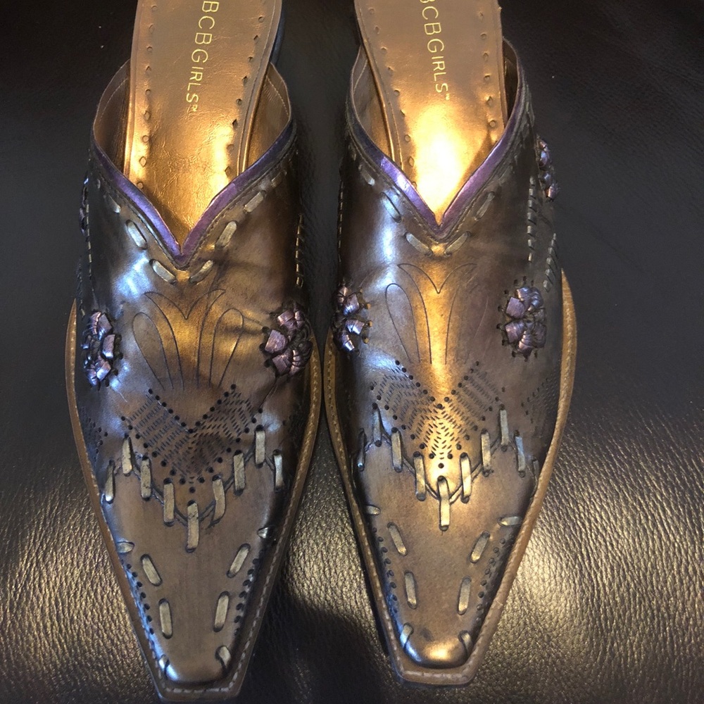 BCBGirls leather slip on mules bronze 8.5