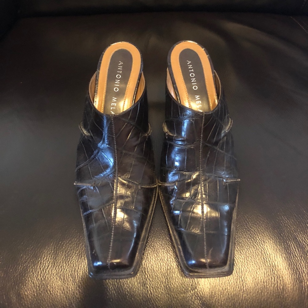 Antonio Melani heeled mules dark brown leather 8.5