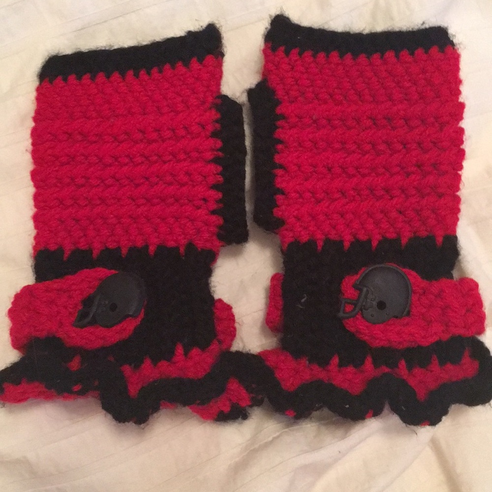 Hand knit Red/black football fingerless mittens