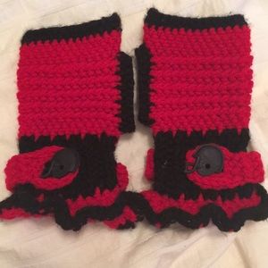 Hand knit Red/black football fingerless mittens