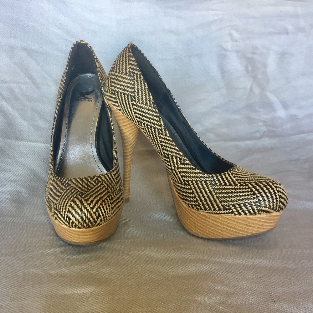 Black and Tan Woven Heels