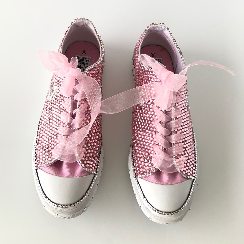 Converse Pink White Swarovski Studded Low Sneakers