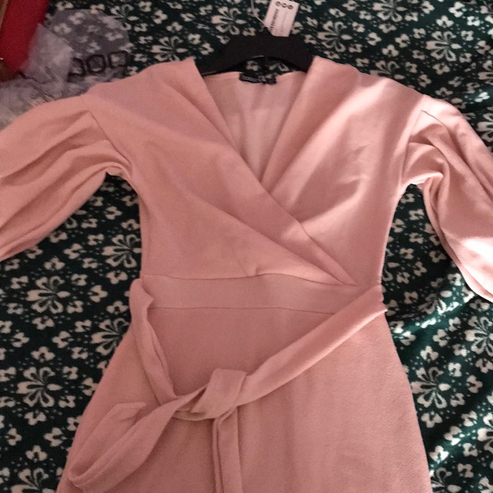 Blush pink, off the shoulder dress.