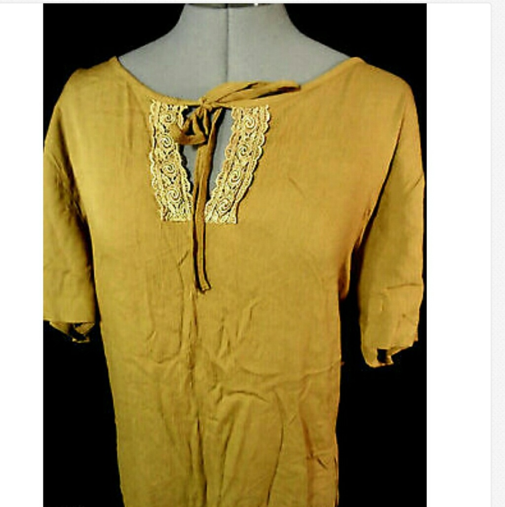 CALIFORNIA KRUSH Crochet trim Top XL Khaki Brown scoop rayon blouse Keyhole SS