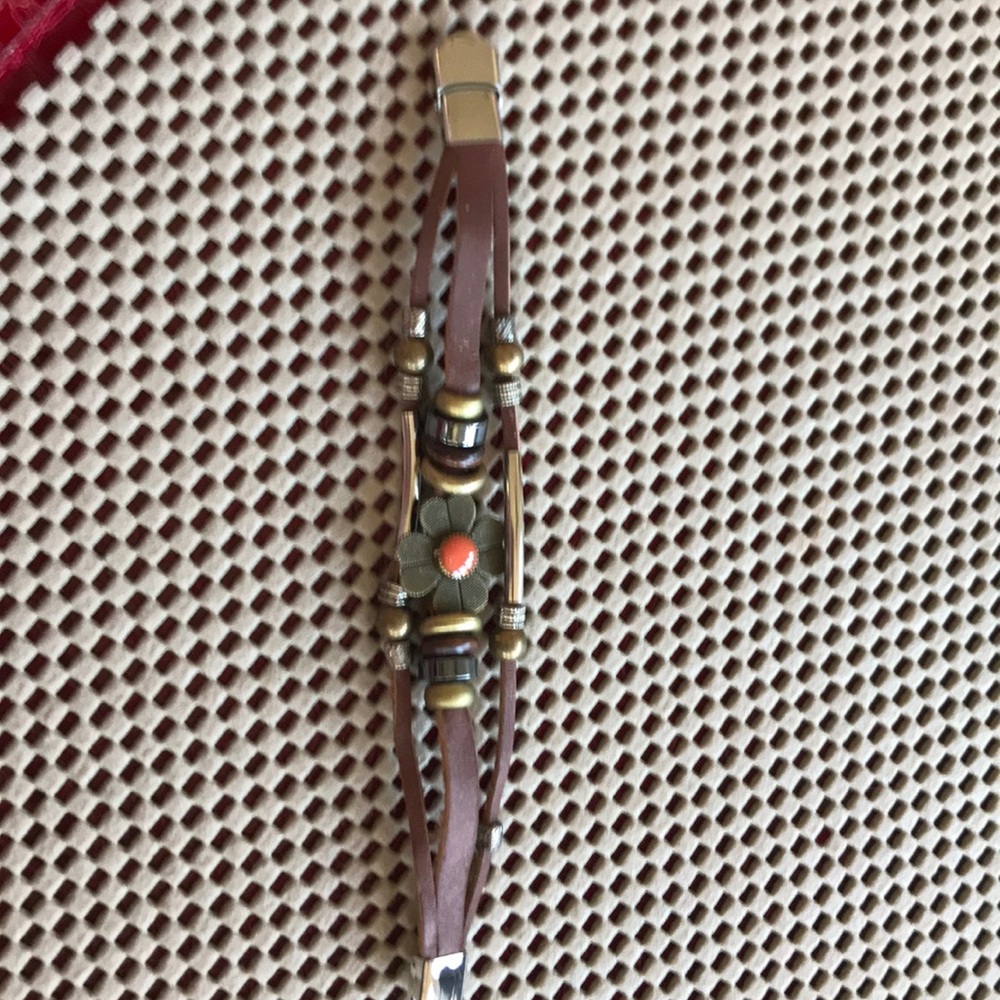 stainless steel and faux brown leather bracelet