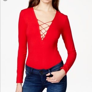 Guess Red Long Sleeve Vneck Lace Up Bodysuit