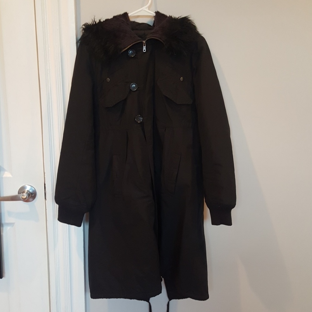 French Connection Black Furry Hooded Coat