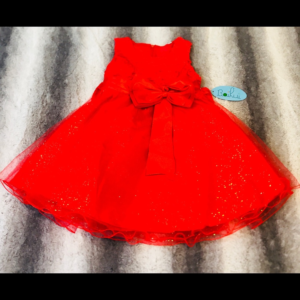 Festive Red little Girl's Dress with Glitter 3/4