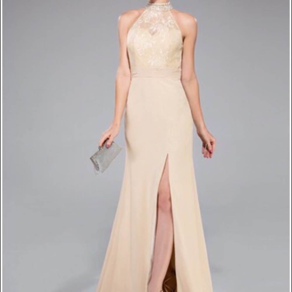 Champagne color Bridesmaid dress with front slit