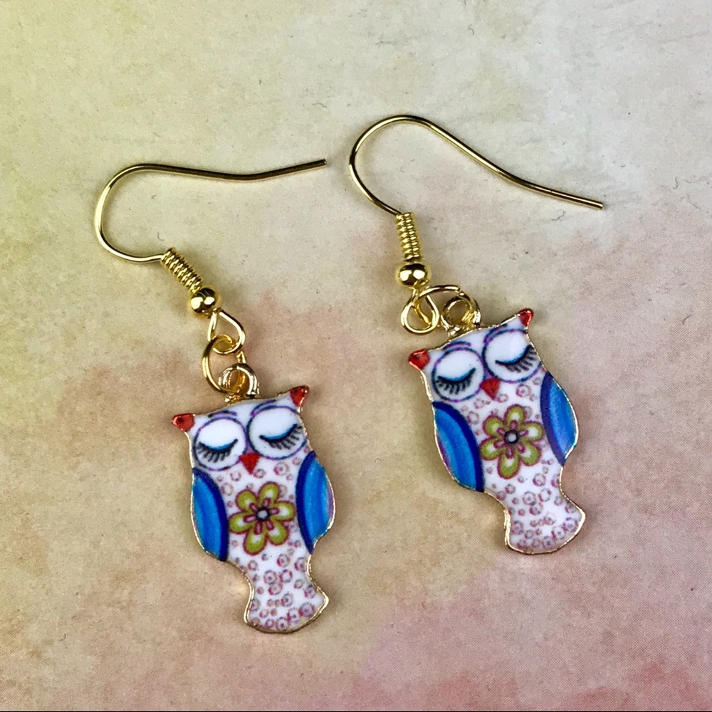 Free With Bundle! White Blue Sleeping Owl Dangle Drop Earrings