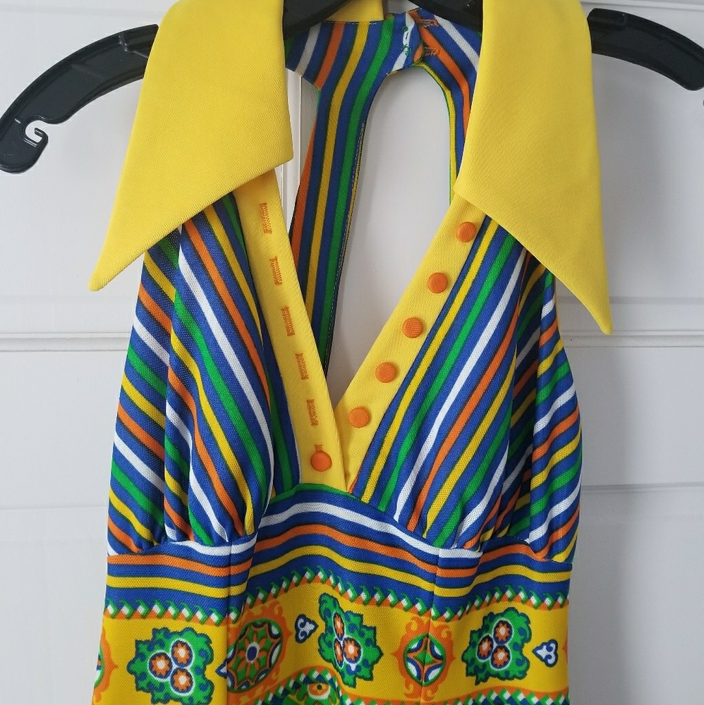 1960s bold multiprint halter maxi dress