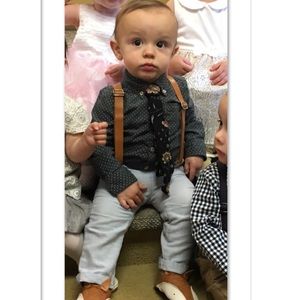 Gray polkadot button up shirt with slacks