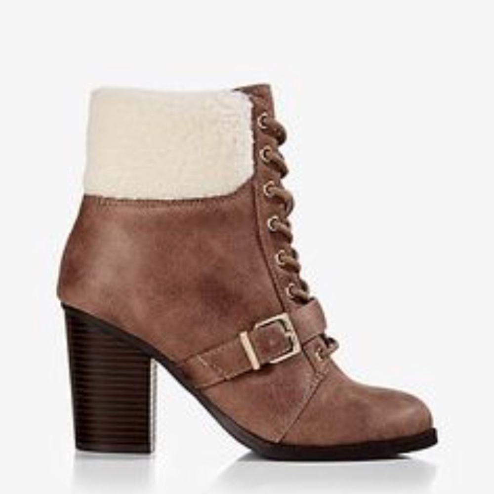 Express Sherpa Collar Lace Up Booties, Size 7