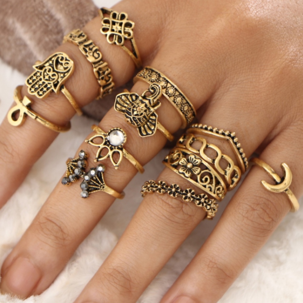 13 pc golden/bronze ring set: ancient charms &gems