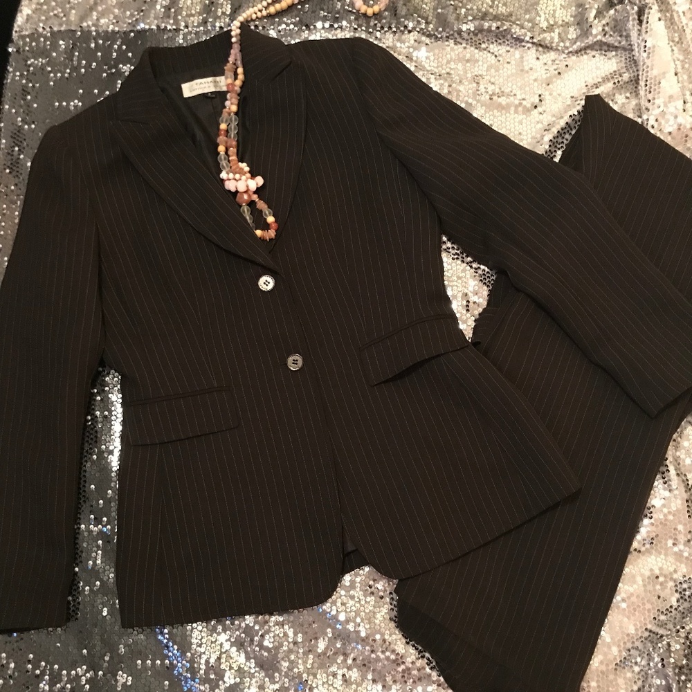 Gorgeous chocolate brown pinstripe Tahari suit