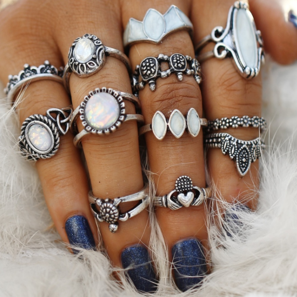 12 pc silver & gem assorted ring set