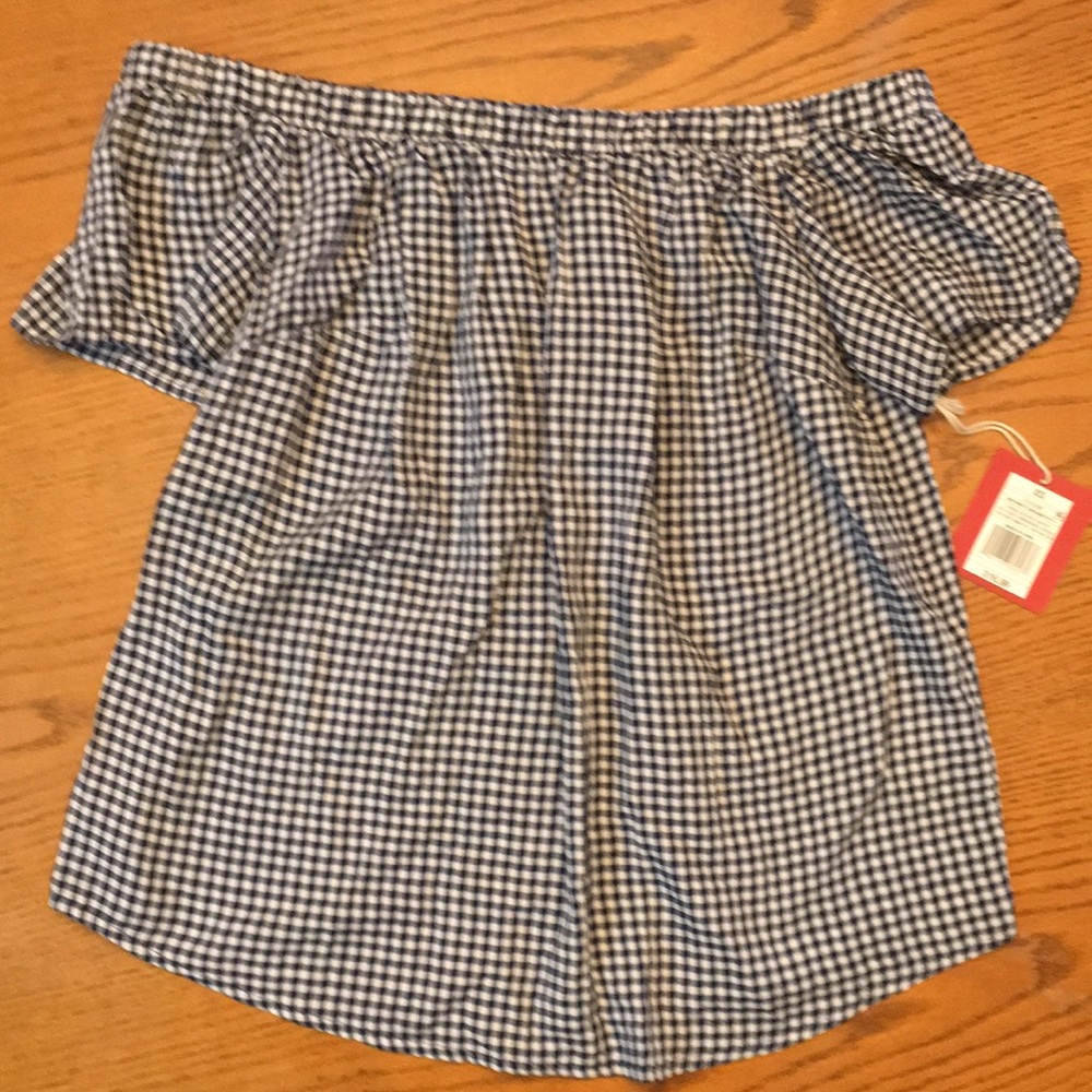Off the shoulders navy & white gingham top
