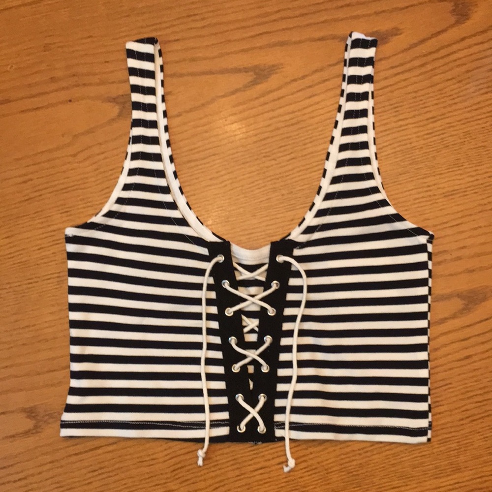 Navy & white striped cropped top.